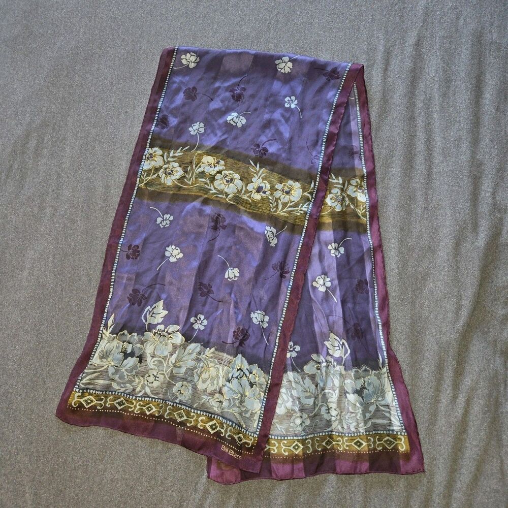 Vintage 100% Silk Bill Blass Scarf Women's Purple Gold Floral Sheer Luxury 80s